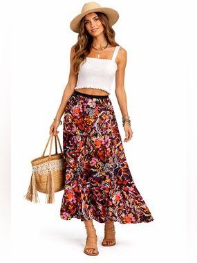 Joy Joy Boho Psychedelic Floral Tiered Maxi Skirt XS